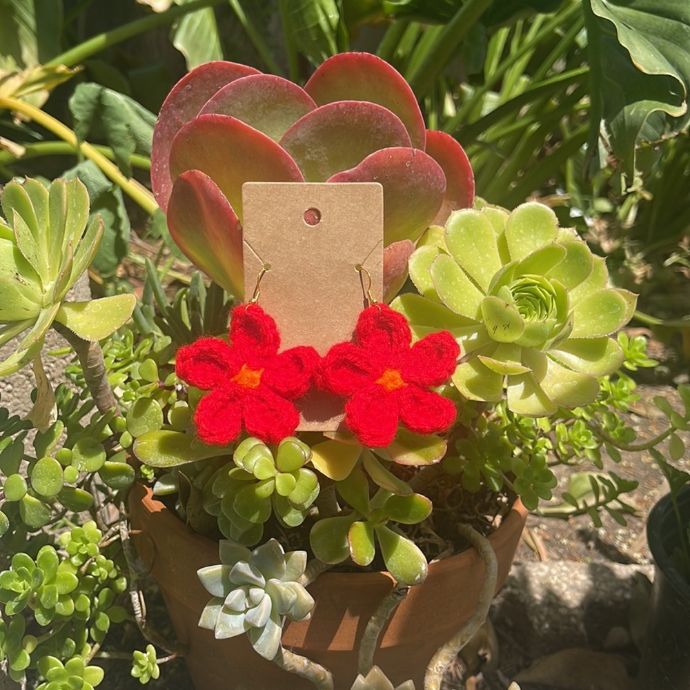🎉HP🎉Handmade Crochet Red & Neon Orange Flower Earrings - Picture 2 of 2